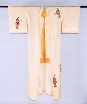 Vintage kimono tsukesage zmotywem bijin-ga w kolorze mushikuri-iro