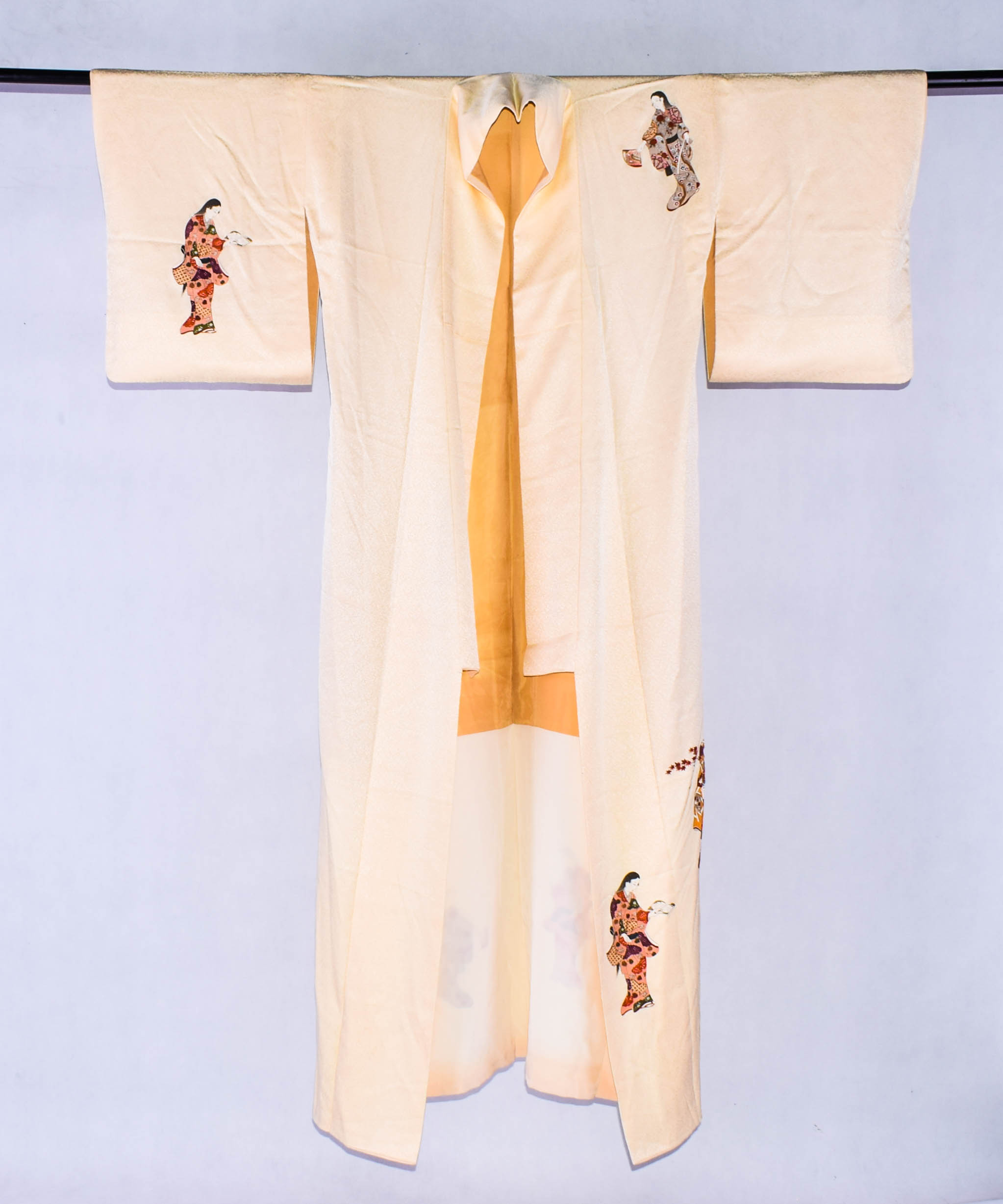 Vintage kimono tsukesage zmotywem bijin-ga w kolorze mushikuri-iro